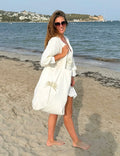 White handmade beach tote bag with gold palm embroidery — Made in Morocco