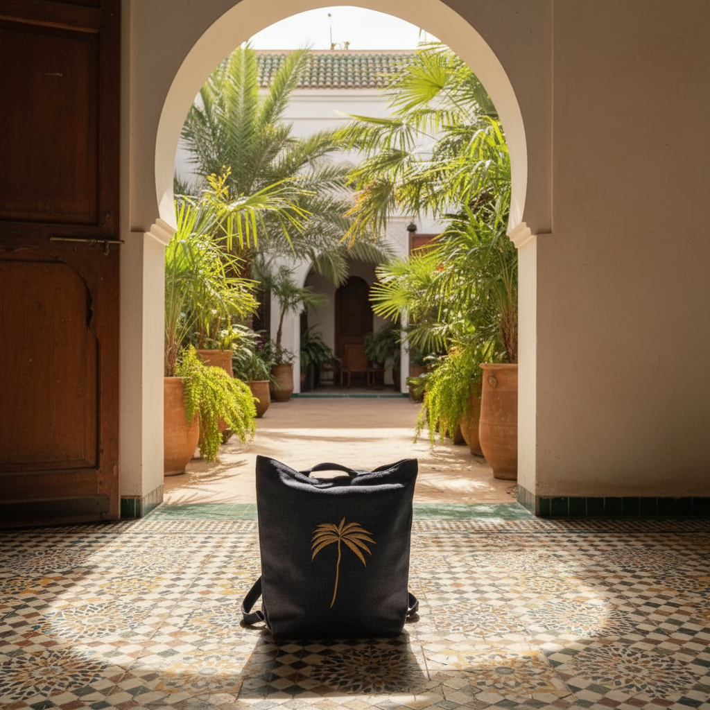 Navy bag with gold palm in Marrakech riad
