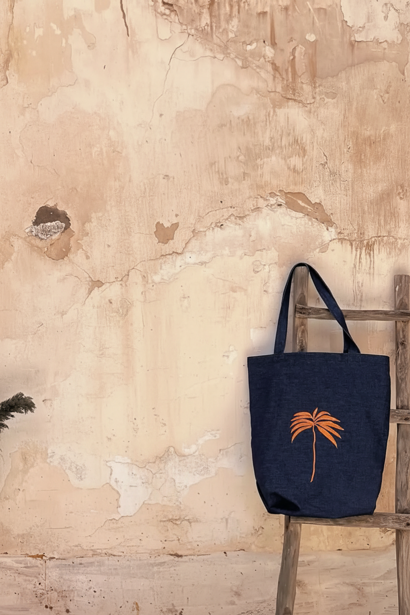 Navy denim tote bag with palm tree embroidery