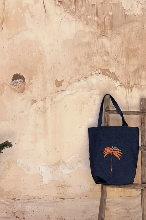 Navy denim tote bag with palm tree embroidery