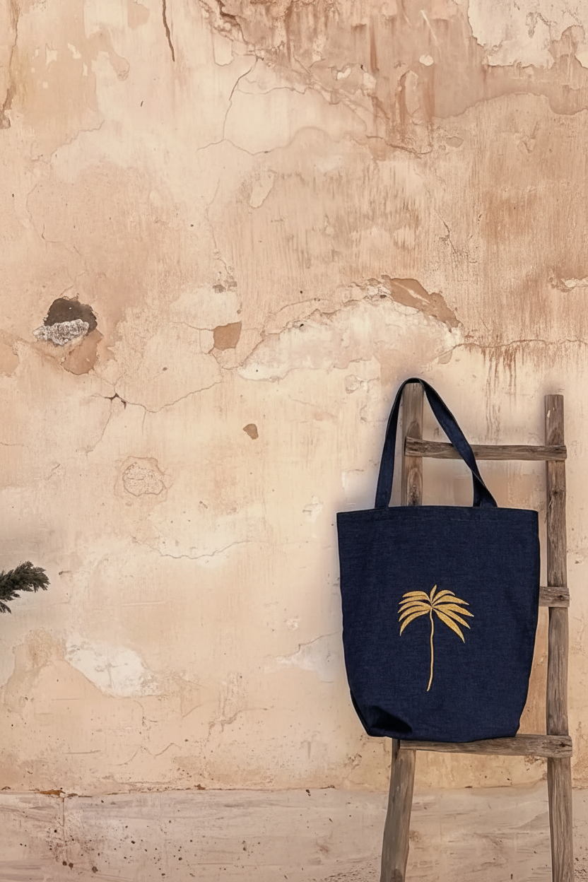 Navy tote with gold palm stitching on riad wall